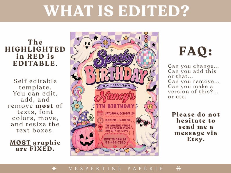 May include: A digital birthday invitation template featuring a retro checkerboard background, a disco ball, ghosts, and a pink pumpkin. The text reads Spooky Birthday, Nancy's 7th Birthday, Saturday, October 24, 2:00 PM - 5:00 PM, The Amazing Venue, 123 Anywhere Place, Any City, AA 12345, and RSVP to Dahlia 123-456-7890.
