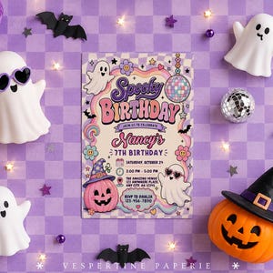 May include: A rectangular birthday invitation card featuring the text Spooky Birthday, Nancy's 7th Birthday, and event details. The design includes illustrations of ghosts, a pink pumpkin with a witch hat, a disco ball, flowers, and stars.