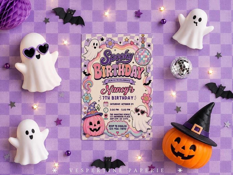 May include: A rectangular birthday invitation card featuring the text Spooky Birthday, Nancy's 7th Birthday, and event details. The design includes illustrations of ghosts, a pink pumpkin with a witch hat, a disco ball, flowers, and stars.