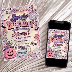 May include: A rectangular birthday invitation and a smartphone displaying the same design, featuring a pastel checkerboard background, a pink pumpkin with a witch hat, two ghosts, a disco ball, and the text Spooky Birthday Nancy's 7th Birthday.