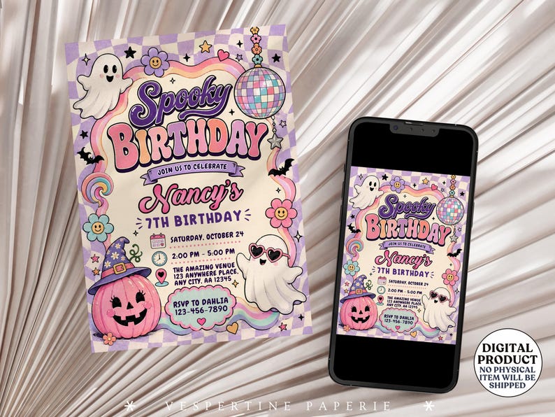 May include: A rectangular birthday invitation and a smartphone displaying the same design, featuring a pastel checkerboard background, a pink pumpkin with a witch hat, two ghosts, a disco ball, and the text Spooky Birthday Nancy's 7th Birthday.