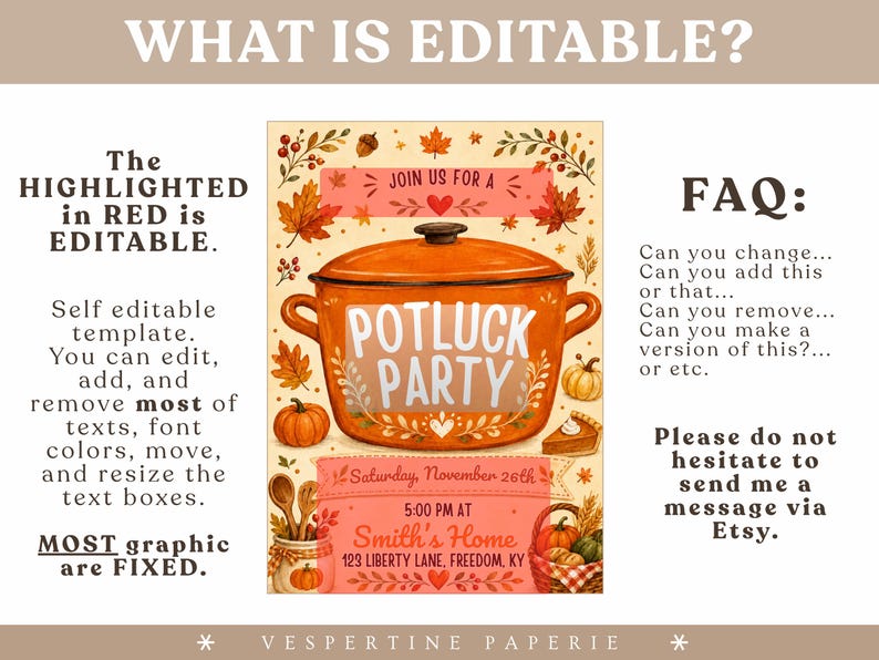 May include: A digital potluck party invitation template featuring an orange cooking pot with the text POTLUCK PARTY, surrounded by autumn leaves, pumpkins, and a pie slice. The design includes editable text fields for event details like date, time, and location.