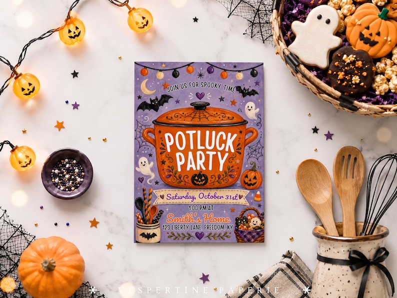 Halloween Potluck Party Invitation, Spooky Dinner Party Invite, Orange ...