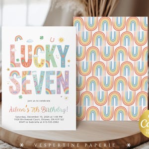 May include: A birthday invitation with a rainbow theme. The text "LUCKY SEVEN" is displayed in colorful, whimsical letters. The invitation includes details for a 7th birthday celebration, with a matching rainbow pattern on the back.