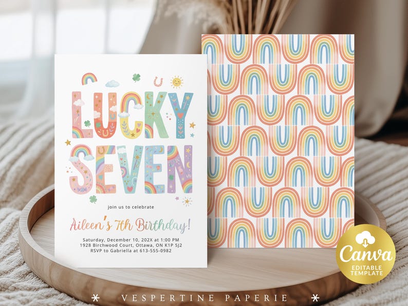 May include: A birthday invitation with a rainbow theme. The text "LUCKY SEVEN" is displayed in colorful, whimsical letters. The invitation includes details for a 7th birthday celebration, with a matching rainbow pattern on the back.