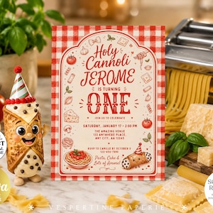 Puede incluir: Una plantilla de invitación de cumpleaños rectangular con un borde de cuadros rojos y blancos e ilustraciones de comida italiana. El texto dice: Holy Cannoli JEROME IS TURNING ONE, incluyendo fecha, hora, lugar e información de RSVP.