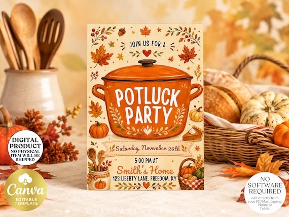 Friends Thanksgiving Potluck Party Invitation, Fall Dinner Party Invite Autumn Pumpkin Editable Canva Template for Family and Friends 260897