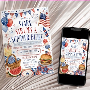 Peut inclure: Une invitation imprim&eacute;e et un smartphone affichant le m&ecirc;me design, avec des illustrations &agrave; l'aquarelle d'un drapeau am&eacute;ricain, d'un panier de pique-nique, d'un burger et de feux d'artifice avec le texte Stars, Stripes & Summer Bites.