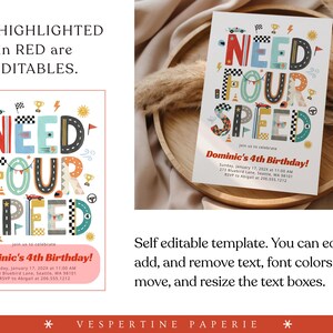 Peut inclure: Un mod&egrave;le d'invitation d'anniversaire modifiable avec le texte NEED FOUR SPEED en grande typographie color&eacute;e sur le th&egrave;me de la course. Le design comprend des illustrations de voitures de course, drapeaux &agrave; damier, troph&eacute;es et c&ocirc;nes.