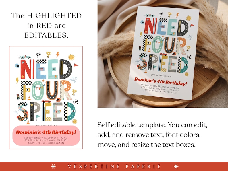 Peut inclure: Un mod&egrave;le d'invitation d'anniversaire modifiable avec le texte NEED FOUR SPEED en grande typographie color&eacute;e sur le th&egrave;me de la course. Le design comprend des illustrations de voitures de course, drapeaux &agrave; damier, troph&eacute;es et c&ocirc;nes.