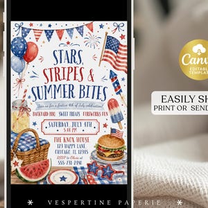 Peut inclure: Un mod&egrave;le d'invitation num&eacute;rique avec des illustrations &agrave; l'aquarelle d'un panier de pique-nique, de past&egrave;que, d'un burger et de drapeaux am&eacute;ricains. Le texte indique Stars, Stripes & Summer Bites, Join us for a festive 4th of July celebration.