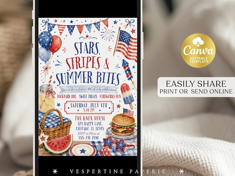 Peut inclure: Un mod&egrave;le d'invitation num&eacute;rique avec des illustrations &agrave; l'aquarelle d'un panier de pique-nique, de past&egrave;que, d'un burger et de drapeaux am&eacute;ricains. Le texte indique Stars, Stripes & Summer Bites, Join us for a festive 4th of July celebration.