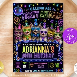 May include: A birthday party invitation with a black background. It features six cartoon cats wearing sunglasses and party hats. The invitation text reads "CALLING ALL PARTY ANIMALS" and "YOU'RE INVITED TO ADRIANNA'S 10TH BIRTHDAY". Includes date, time, and RSVP details.
