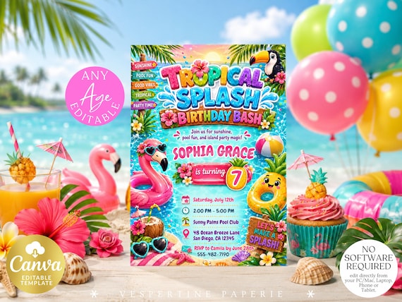 Tropical Splash Birthday Bash Invitation, Pool Party 7th Birthday Invite, Flamingo Luau Canva Template, Editable Download 260312