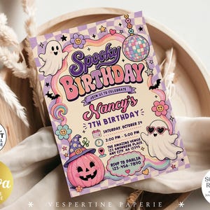 May include: A rectangular birthday invitation card featuring a purple and cream checkered background with illustrations of ghosts, a pink pumpkin wearing a witch hat, a disco ball, and flowers. The text reads Spooky Birthday, Nancy's 7th Birthday.