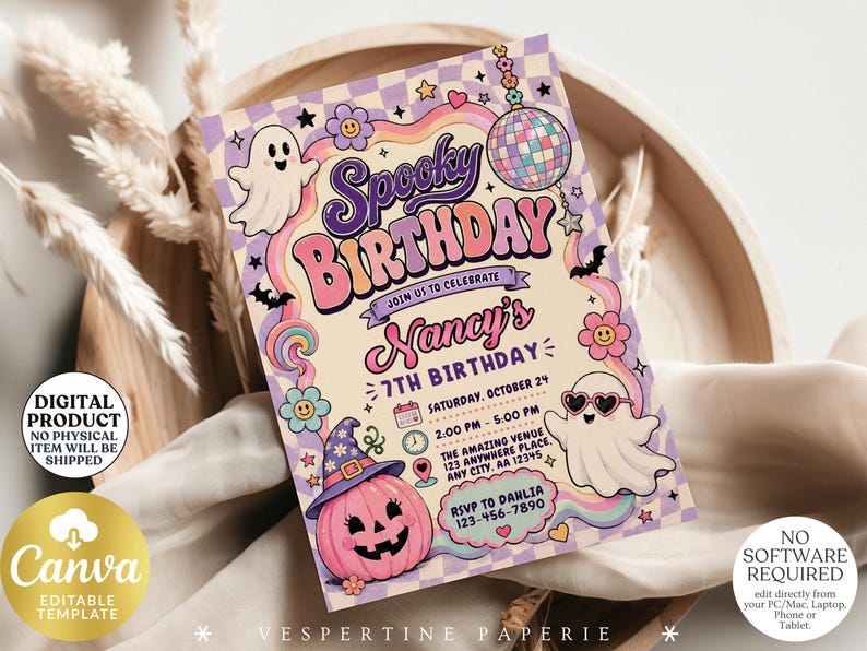 May include: A rectangular birthday invitation card featuring a purple and cream checkered background with illustrations of ghosts, a pink pumpkin wearing a witch hat, a disco ball, and flowers. The text reads Spooky Birthday, Nancy's 7th Birthday.