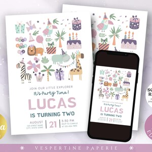 May include: A party invitation with a jungle theme, featuring illustrations of animals, gifts, and cake. The invitation is for a child's second birthday, with the name "Lucas" in large letters. A smartphone displays the same design.