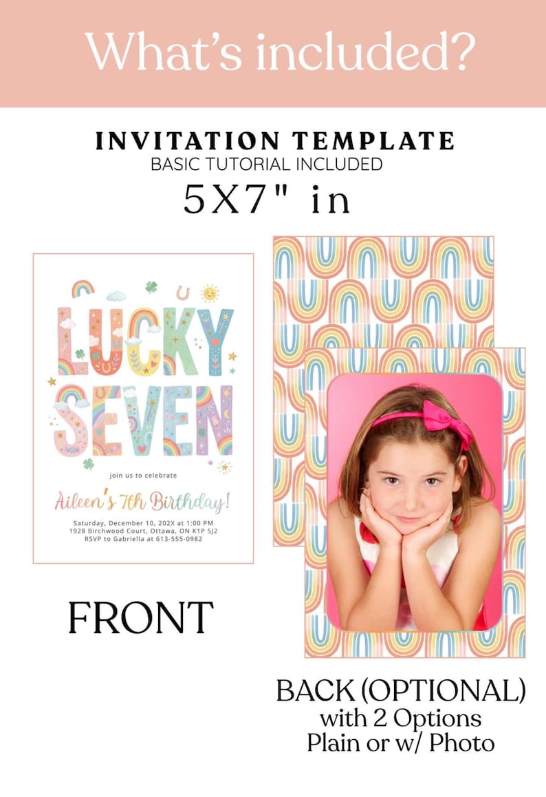 May include: Invitation template with a "Lucky Seven" design, 5x7 inches. The front features colorful text and graphics for a birthday party. The back offers plain or photo options. Includes a basic tutorial.
