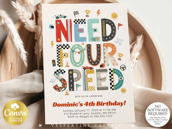 Need Four Speed Birthday Invitation, Race Car 4th Birthday Invite, Boy Party Canva Template, Editable Download 260120