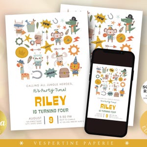 May include: Party invitation featuring jungle animal illustrations and the text "Calling All Jungle Heroes, It's Party Time!" The invitation is for Riley's fourth birthday, with date and time details. A smartphone displays the invitation.
