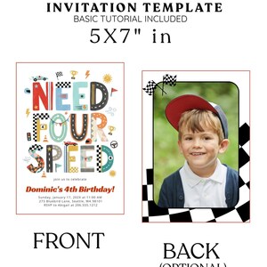 Peut inclure: Un mod&egrave;le d'invitation de 12,7 x 17,8 cm sur le th&egrave;me de la course automobile avec le texte NEED FOUR SPEED et Dominic's 4th Birthday. Le recto pr&eacute;sente des graphismes de course color&eacute;s, tandis que le verso inclut un cadre photo &agrave; bordure &agrave; damier. Quatre options de couleur de fond sont affich&eacute;es sous forme de cercles noir, bleu clair, vert olive et orange br&ucirc;l&eacute;.
