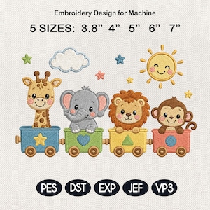 Può includere: Disegno da ricamo per macchina con giraffa, elefante, leone e scimmia in vagoni colorati. Testo: Embroidery Design for Machine, 5 SIZES: 3.8" 4" 5" 6" 7", PES, DST, EXP, JEF, VP3. Include un sole, una nuvola e delle stelle.