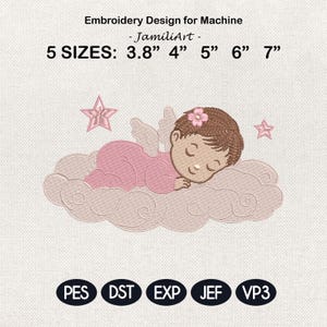 Puede incluir: Un diseño de bordado para máquina con un bebé ángel durmiendo sobre una nube, con estrellas rosas. El diseño incluye el texto "Embroidery Design for Machine - JamiliArt - 5 TAMAÑOS: 9.6cm 10.2cm 12.7cm 15.2cm 17.8cm" y abreviaturas de tipo de archivo.