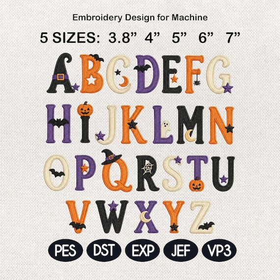 Halloween Alphabet Embroidery Font, Spooky Letters Machine Embroidery File, Pumpkin Bat Ghost Monogram Design, 5 Sizes, Digital Download