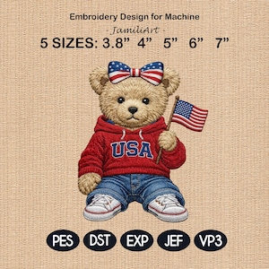 May include: An embroidery design of a teddy bear wearing a red hoodie with "USA" on it, blue jeans, and white sneakers. The bear has a bow with an American flag design and is holding a small American flag. The design is available in 5 sizes: 9.65 cm, 10.16 cm, 12.7 cm, 15.24 cm, and 17.78 cm.
