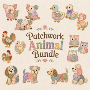 Paquete de diseños de bordado de apliques de animales en patchwork, archivo de bordado a máquina de cerdo, pato, búho, perro y gallina, 5 tamaños, descarga digital instantánea.