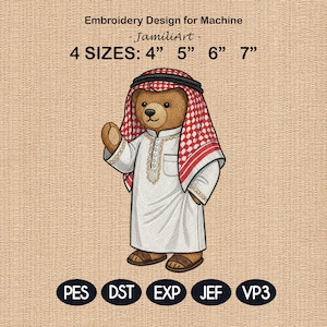 May include: An embroidery design featuring a teddy bear wearing traditional Arab clothing, including a red and white checkered keffiyeh. The design is available in four sizes: 4", 5", 6", and 7". The design is labeled "Embroidery Design for Machine - JamiliArt -" and includes file formats PES, DST, EXP, JEF, and VP3.