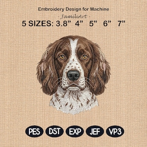 Puede incluir: Un diseño de bordado para máquina con un retrato detallado de un perro con pelaje marrón y blanco y ojos amarillos. El diseño está disponible en cinco tamaños: 9,65 cm, 10,16 cm, 12,7 cm, 15,24 cm y 17,78 cm. El diseño incluye el texto "Embroidery Design for Machine" y "-JamiliArt-".