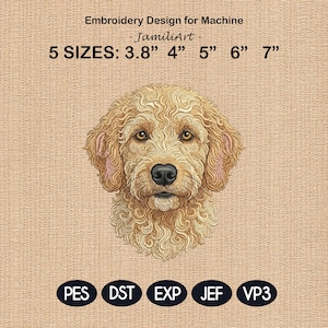 May include: An embroidery design for a machine featuring a detailed illustration of a golden doodle dog. The design is available in five sizes: 3.8", 4", 5", 6", and 7". The image includes the text "Embroidery Design for Machine - JamiliArt - 5 SIZES: 3.8" 4" 5" 6" 7"" and the file types PES, DST, EXP, JEF, and VP3.