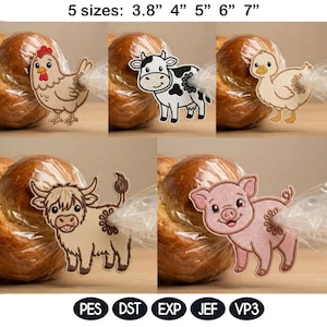 May include: Embroidered farm animal patches in five sizes: 3.8", 4", 5", 6", and 7". The patches include a chicken, cow, duck, bull, and pig. The image also shows the file types: PES, DST, EXP, JEF, and VP3.