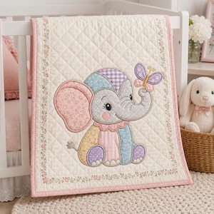 Patchwork Elephant Applique Embroidery Design, Baby Quilt Style Machine Embroidery, Nursery Blanket Pattern, 5 sizes, Digital Download