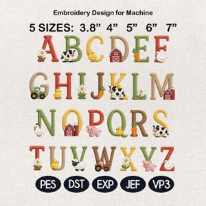 Farm Animal Alphabet Embroidery Font, Barnyard Name Letters Monogram Set, Country Kids Machine Embroidery, 5 sizes, Digital Download