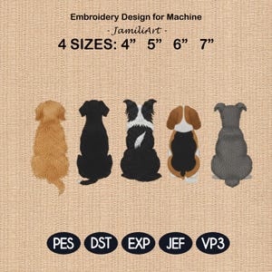 May include: Embroidery design for machine featuring five dog breeds in various colors, including golden, black, and gray. The design is available in four sizes: 4", 5", 6", and 7". Includes PES, DST, EXP, JEF, and VP3 file formats.