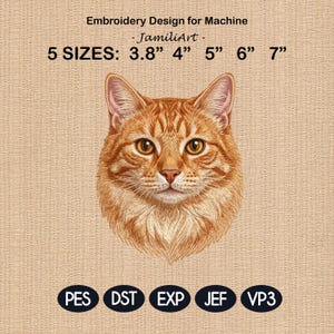 May include: An embroidery design for a machine featuring a detailed orange tabby cat face. The design includes the text "Embroidery Design for Machine - JamiliArt - 5 SIZES: 3.8" 4" 5" 6" 7"" and various file format abbreviations.