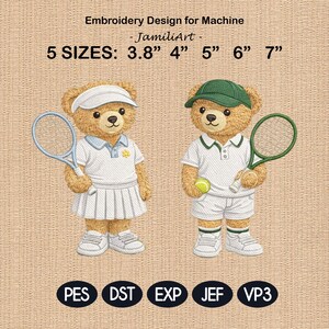 Tennis teddybeer borduurwerk ontwerpset, schattig tennispaar beer, sport borduurpatroon, preppy tennisoutfit, 5 maten, digitale download