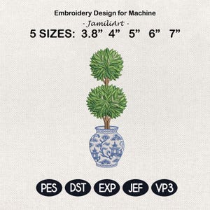 Könnte beinhalten: Ein Stickdesign für die Maschine mit einem Formschnittbaum in einer blau-weißen Vase. Das Design enthält den Text "Embroidery Design for Machine - JamiliArt - 5 SIZES: 3.8" 4" 5" 6" 7"" und Dateityp-Abkürzungen.