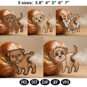 May include: Embroidered dog patches in various breeds and colors, with sizes ranging from 3.8 to 7 inches. The patches are displayed in front of a blurred background. The image also includes the text "5 sizes: 3.8" 4" 5" 6" 7"" and file type abbreviations.