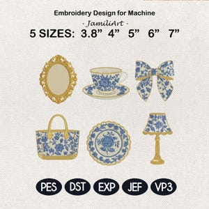 May include: Machine embroidery designs with a gold oval frame, teacup, bow, handbag, plate, and lamp. Designs feature blue and white floral patterns. Text reads "Embroidery Design for Machine - JamiliArt - 5 SIZES: 3.8" 4" 5" 6" 7""