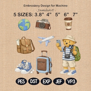 May include: Embroidery design for machine featuring travel-themed elements. Includes a globe, camera, coffee cup, backpack, airplane, suitcase, sneakers, and a teddy bear with a camera and phone. Sizes range from 3.8" to 7".