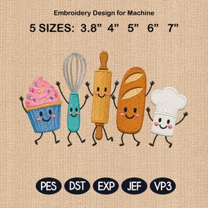 Könnte beinhalten: Stickdatei für Maschinen mit fünf anthropomorphen Backutensilien: Cupcake, Schneebesen, Nudelholz, Brotlaib und Kochmütze. Text: Embroidery Design for Machine, 5 SIZES: 3.8" 4" 5" 6" 7", PES, DST, EXP, JEF, VP3.