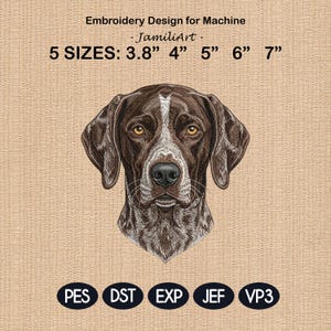 Pode incluir: Um design de bordado para máquina com um retrato detalhado de um cão com pelo castanho e branco e olhos amarelos. O design está disponível em cinco tamanhos, variando de 9,65 cm a 17,78 cm. A imagem inclui o texto "Embroidery Design for Machine - JamiliArt - 5 SIZES: 3.8" 4" 5" 6" 7"" e abreviações de tipo de arquivo.