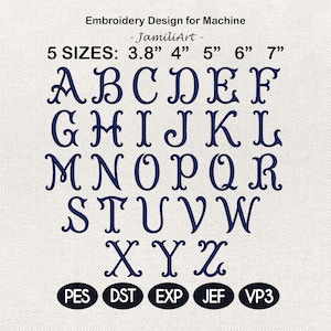 Curly Monogram Alphabet Embroidery Design, Fancy Script Font A-Z Machine Embroidery Letters, Custom Name Initials, 5 Sizes, Digital Download