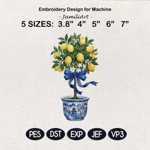 Disegno per ricamo albero di limoni in stile Chinoiserie, vaso di porcellana blu e bianco, file per ricamo agrumi, ricamo a macchina floreale frutta PES DST