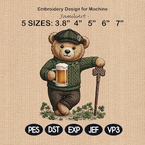 May include: An embroidery design featuring a teddy bear wearing a green sweater, cap, and holding a beer mug and a walking stick. The design is available in 5 sizes: 3.8", 4", 5", 6", and 7". The design includes the text "Embroidery Design for Machine" and "JamiliArt".