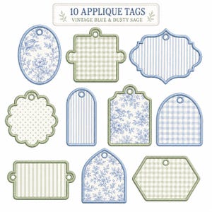 Vintage Blue Floral ITH Bag Tag Embroidery Bundle, 10 Sage Applique Name Tag Shapes, Toile Gingham Luggage Tag, 5 Sizes, Digital Download