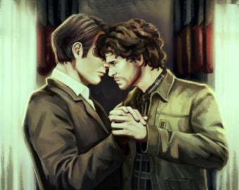 May include: An artistic illustration depicts two men in a tender embrace. One man wears a dark suit, the other a green jacket over a plaid shirt. Their faces are close, hands clasped, conveying intimacy and connection. The background features curtains.